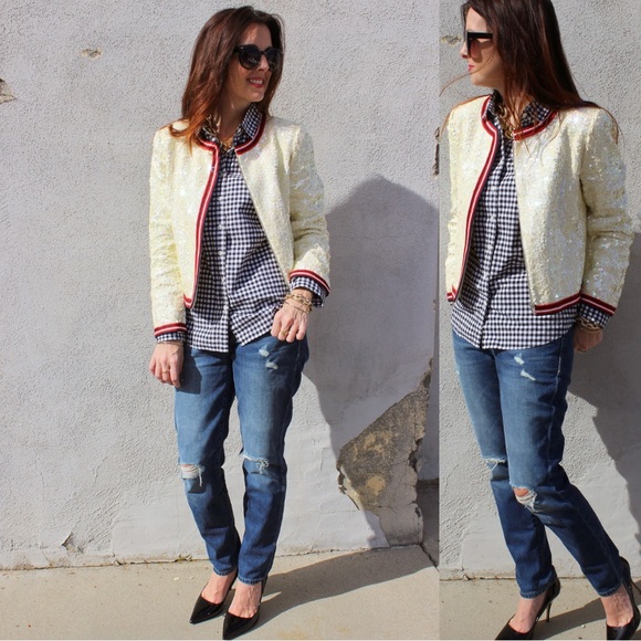 J. Crew Jackets & Coats Nwt J Crew Collection Ivory Sequin Linen Bomber Cropped Jacket Size